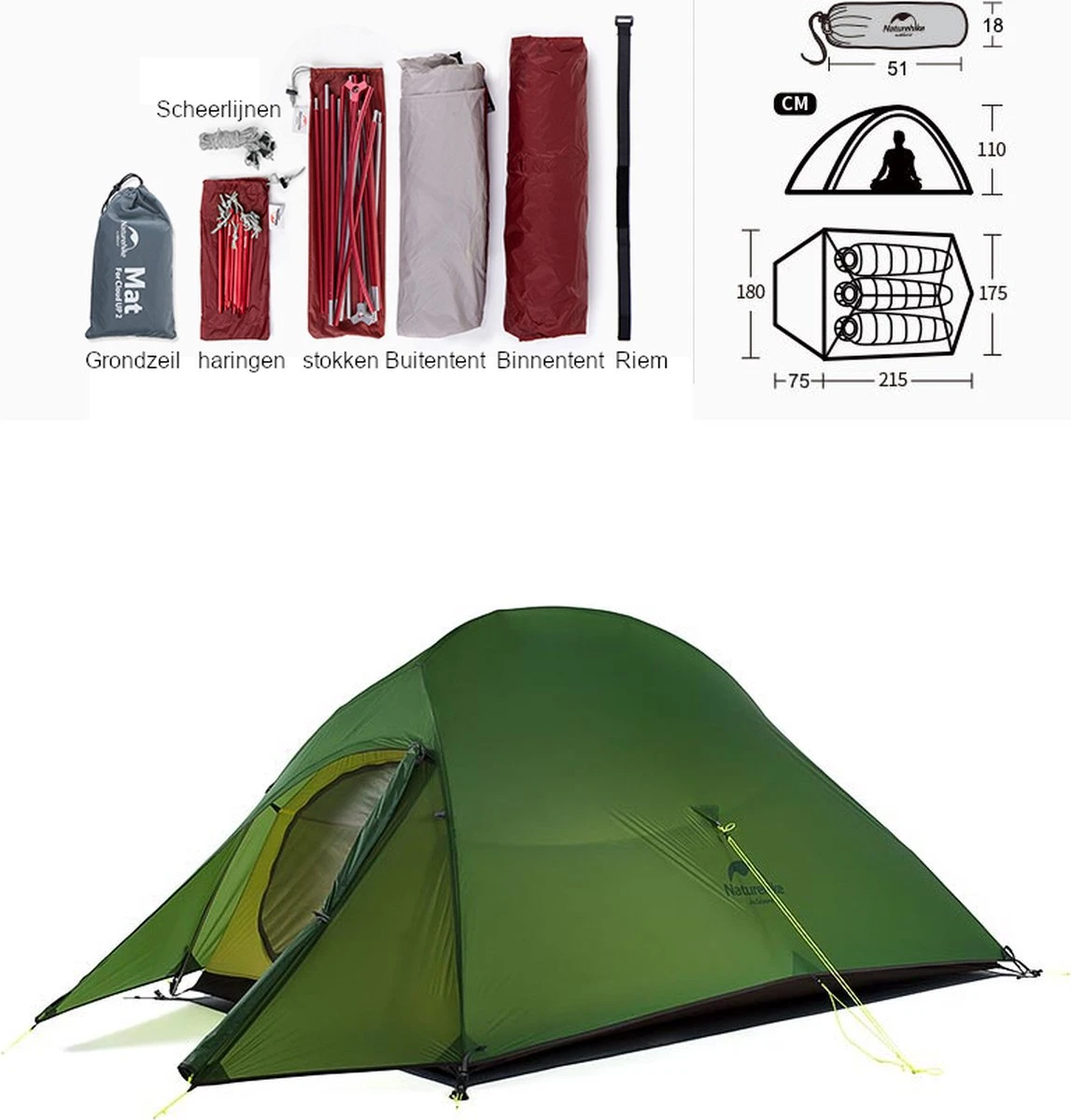 Cloud Up 3 Upgraded - Naturehike® - Tent 3 Persoons - Lichtgewicht Tent - Incl. Grondzeil - 20D 4000MM - Outdoor Kampeertent - Waterdicht - Hiking & Wandelen 8 Cloud Up 3 Upgraded - Naturehike® - Tent 3 Persoons - Lichtgewicht Tent - Incl. Grondzeil - 20D 4000MM - Outdoor Kampeertent - Waterdicht - Hiking & Wandelen - Afbeelding 8