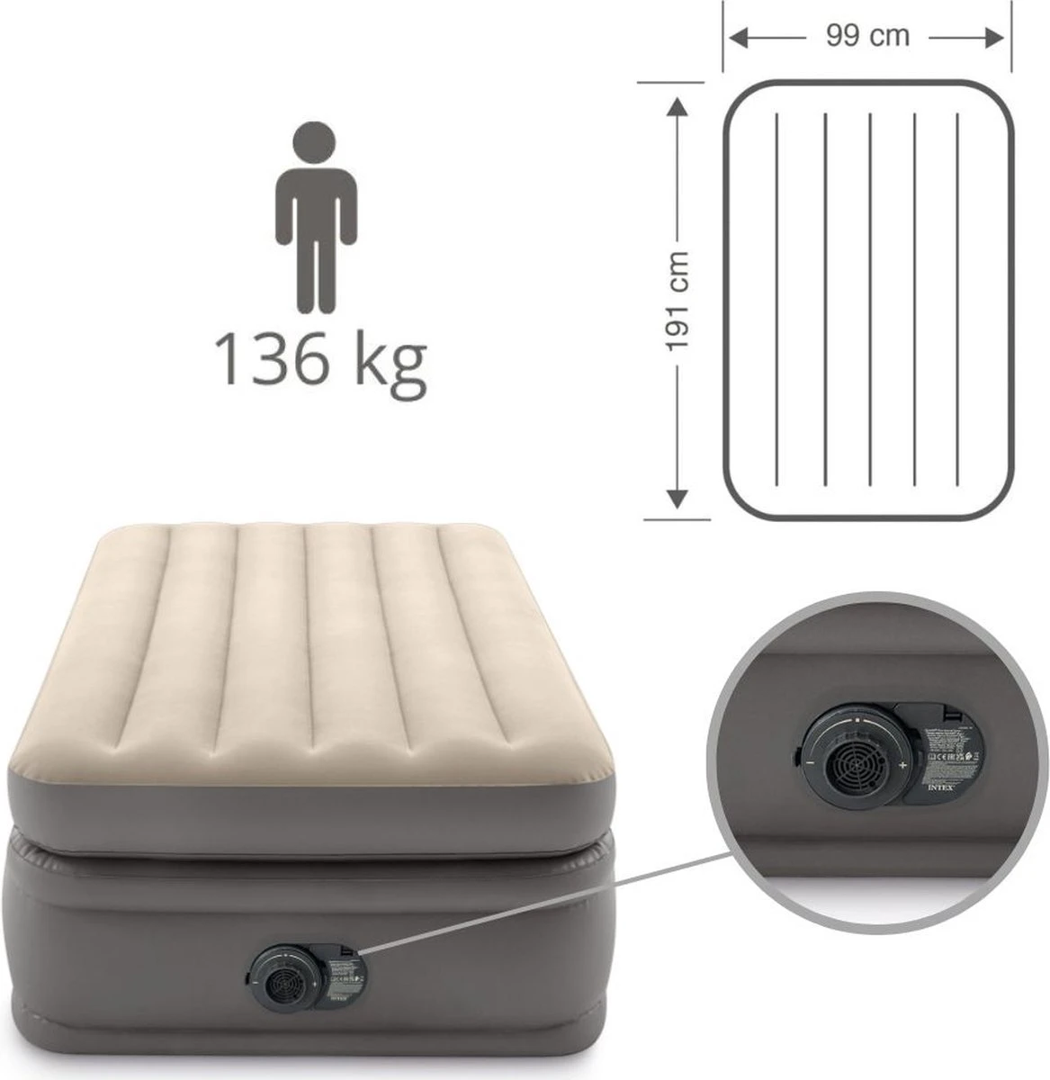 Intex Prime Comfort - Luchtbed - 1-Persoons - 99x191x51 Cm (BxLxH) - Grijs - Met Ingebouwde Motorpomp 5 Intex Prime Comfort - Luchtbed - 1-Persoons - 99x191x51 Cm (BxLxH) - Grijs - Met Ingebouwde Motorpomp - Afbeelding 5