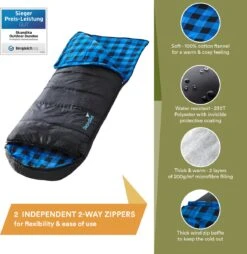 Skandika Dundee Flannel-L Slaapzak – Mummmieslaapzakken – Slaapzakken Volwassen - Maat M – Unisex - Katoen, Luxe Kwaliteit, Dubbele Slaapzak, 3 Seizoenen, Tot -20°C - 220 X 80 Cm - Outdoor Kampeerslaapzak – Ritssluiting Links - Zwart/blauw -Buitenkampeer Winkel 1168x1200