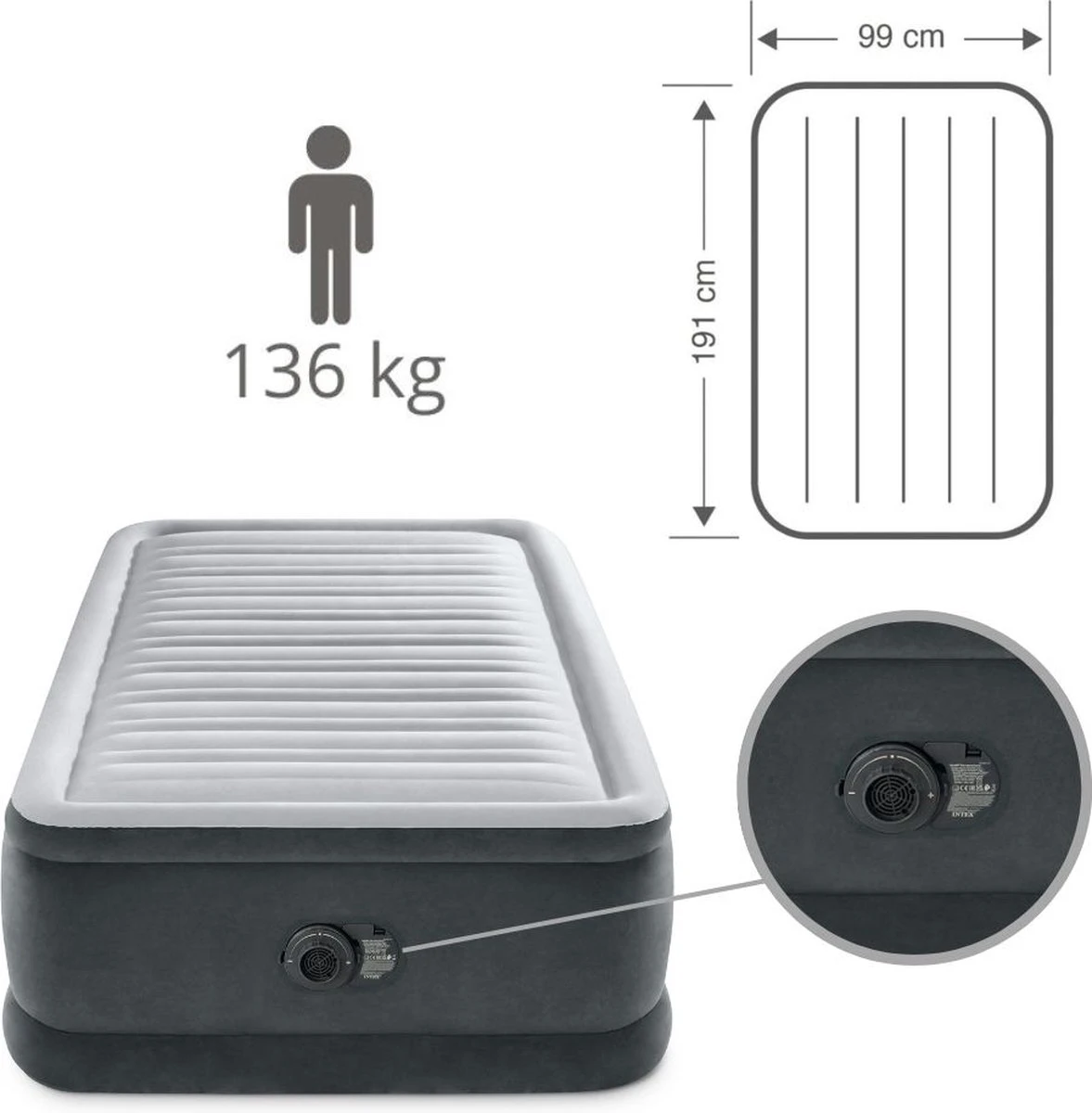 Intex Luchtbed - 1-Persoons - 99 X 191 X 46 Cm - Grijs - Met Ingebouwde Pomp, Hoeslaken Wit En Reparatieset 9 Intex Luchtbed - 1-Persoons - 99 X 191 X 46 Cm - Grijs - Met Ingebouwde Pomp, Hoeslaken Wit En Reparatieset - Afbeelding 9