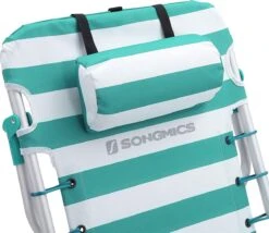 Strandstoel Met Afneembare Hoofdsteun, Draagbare Klapstoel, Campingstoel, Rugleuning Tot 180° Verstelbaar, Met Bekerhouder En Zijvak, Groene En Witte Strepen GCB62JW -Buitenkampeer Winkel 1200x1038 2