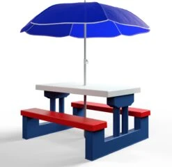 Merkloos Kinder Picknicktafel Met Parasol - Blauw -Buitenkampeer Winkel 1200x1167 2