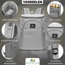 Needventure Koeltas - Lunchtas - Koelrugtas - Picknicktas - 20 Liter - Flessenhouder - Bieropener - Grijs -Buitenkampeer Winkel 1200x1200 1672