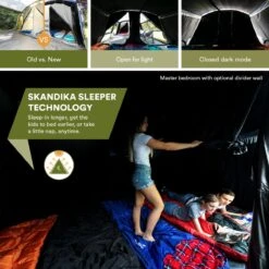 Skandika Montana 8 Sleeper Tent – Tunneltent – 8 Persoons Familietent - Campingtent – Sleeper Technology (2 Tot 4 Extra Donkere Slaapcabines) – Ingenaaide Tentvloer - Muggengaas – 700 X 310 X 200 Cm (LxBxH) – 5000mm Waterkolom – Kamperen – Blauw/wit -Buitenkampeer Winkel 1200x1200 176