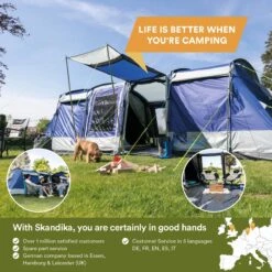 Skandika Montana 8 Sleeper Tent – Tunneltent – 8 Persoons Familietent - Campingtent – Sleeper Technology (2 Tot 4 Extra Donkere Slaapcabines) – Ingenaaide Tentvloer - Muggengaas – 700 X 310 X 200 Cm (LxBxH) – 5000mm Waterkolom – Kamperen – Blauw/wit -Buitenkampeer Winkel 1200x1200 179