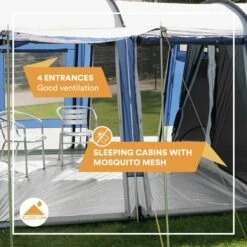 Skandika Montana 8 Tent – Tunneltenten – 8 Persoons Tent – Campingtent – 200 Cm Stahoogte – 2-4 Slaapcabines - Muggengaas – Familietent – 4 Ingangen – 700 X 310 X 200 Cm (L X B X H) - 5000 Mm Waterkolom – Outdoor, Camping – Kamperen – Blauw -Buitenkampeer Winkel 1200x1200 181