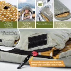 Skandika Dundee Flannel-R Slaapzak – Slaapzakken – Slaapzakken Volwassen - Maat M – Unisex - Katoen, Luxe Kwaliteit, Dubbele Slaapzak, 3 Seizoenen, Tot -20°C - 220 X 80 Cm - Outdoor Kampeerslaapzak – Ritssluiting Rechts - Grijs/geel -Buitenkampeer Winkel 1200x1200 473