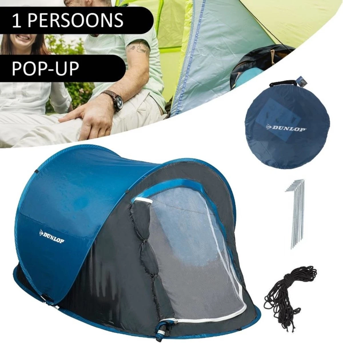 Dunlop Pop Up Tent 220 X 120 X 90 Cm - Grijs/ Blauw - 1 Persoons 7 Dunlop Pop Up Tent 220 X 120 X 90 Cm - Grijs/ Blauw - 1 Persoons - Afbeelding 7