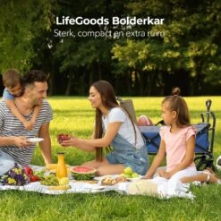 LifeGoods Bolderkar - Opvouwbaar - Tot 120KG - 103L - Extra Draagtas En Duwstang - Wasbaar Polyester - 98x45cm - Blauw/Grijs -Buitenkampeer Winkel 1200x1200 679