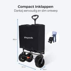 LifeGoods Bolderkar - Opvouwbaar - Tot 120KG - 103L - Extra Draagtas En Duwstang - Wasbaar Polyester - 98x45cm - Zwart/Grijs -Buitenkampeer Winkel 1200x1200 759